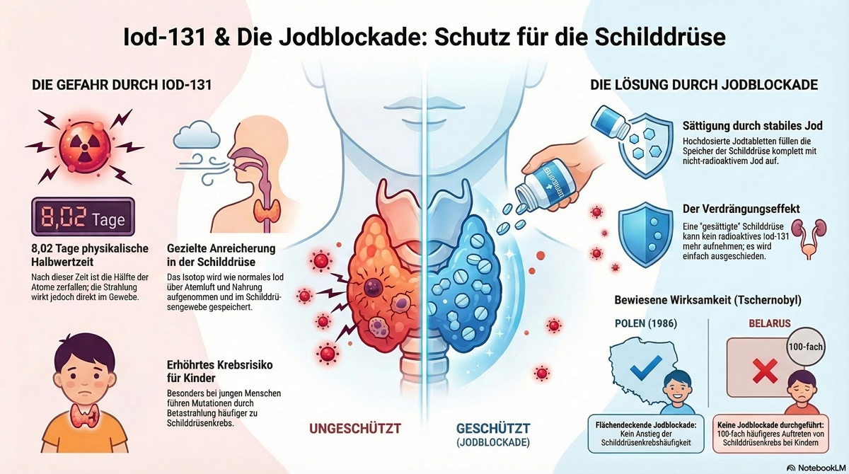 Infografik zu Iod-131-Gefahren und der schützenden Wirkung einer Jodblockade für die Schilddrüse.